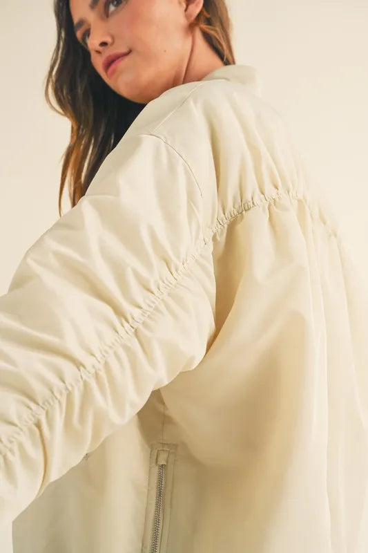 Back Ruched Utility Zip Pocket Bomber Jacket — Contemporary Functional Outerwear Style - Jackets