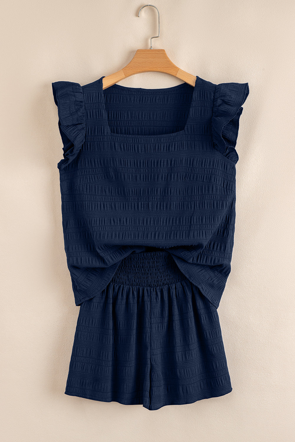 Textured Square Neck Top & Shirred High Waist Shorts Two-Piece Set — Chic Casual Style - Two Piece Sets/Short Sets