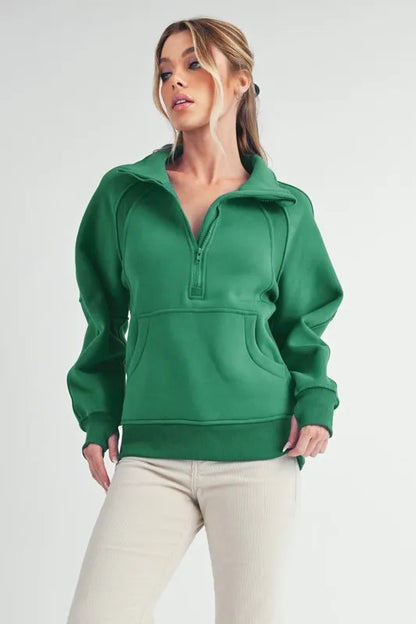 Lily Pad Half-Zip Raglan Sleeve Kangaroo Pocket Sweatshirt in Lily Pad | Trendy Sweatshirts Outfit Idea for Women by Ro + Ivy | Elevated Basics, Modern Comfort & Style