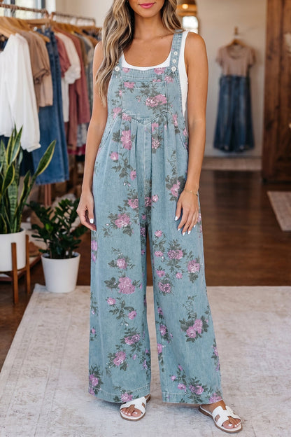 Floral Print Denim Wide Leg Adjustable Strap Jumpsuit — Boho Effortless Everyday Style - Jumpsuits & Rompers