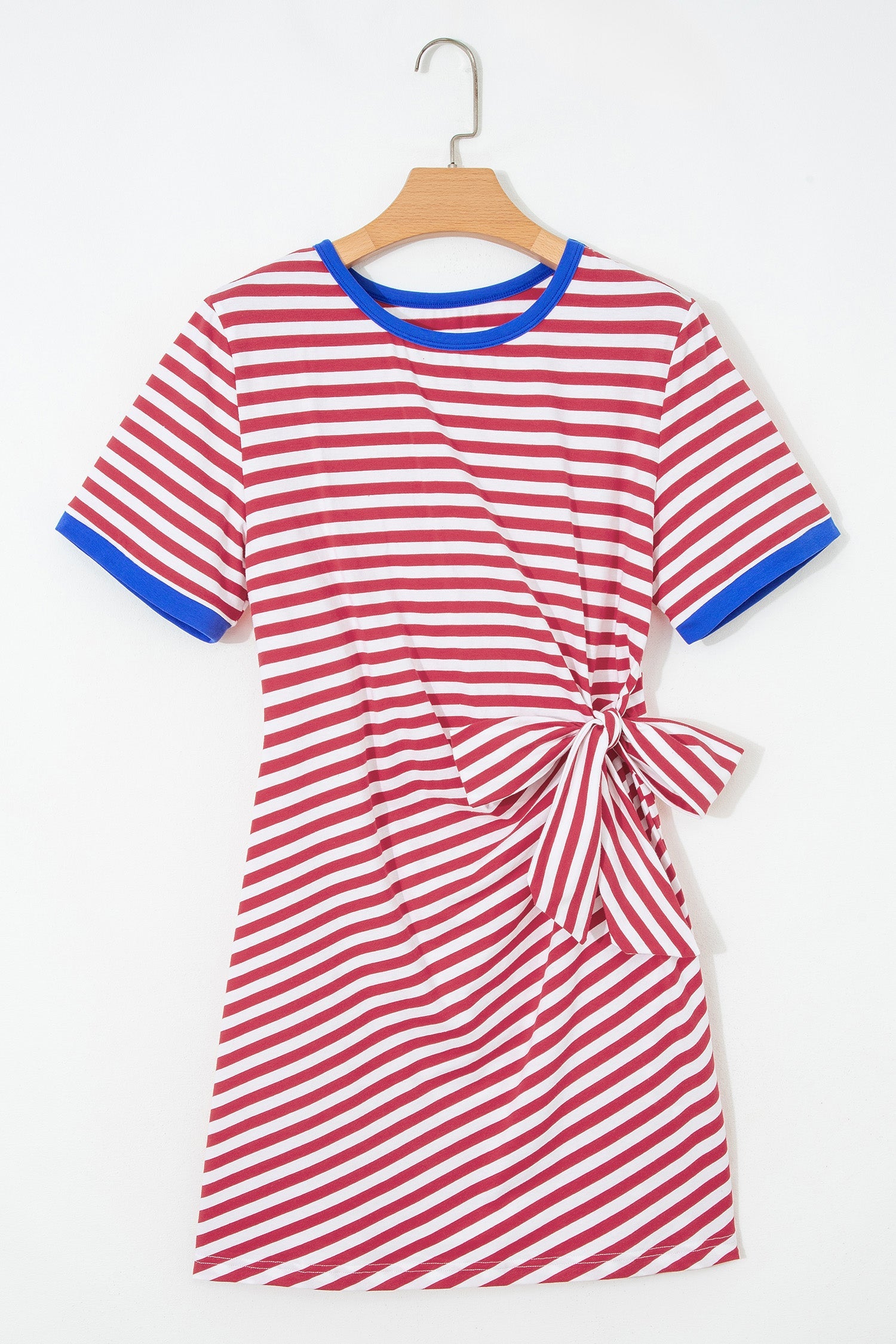 Striped Contrast Trim Tie Waist Coastal Mini Dress — Soft Stretch Everyday Style - Dresses/T Shirt Dresses