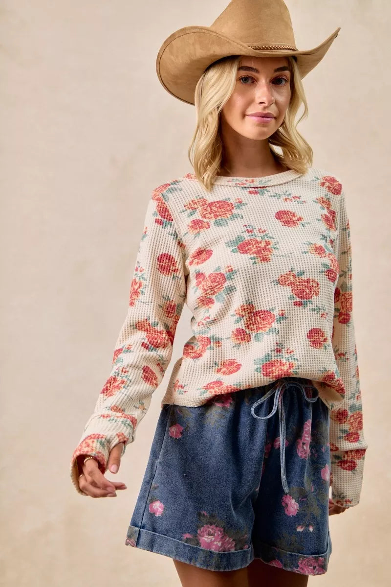 Oatmeal Washed Floral Long Sleeve Waffle Thermal Top with Sleeve Thumb Hole | Trendy Tops Outfit Idea for Women by Ro + Ivy | Elevated Basics, Modern Comfort & Style