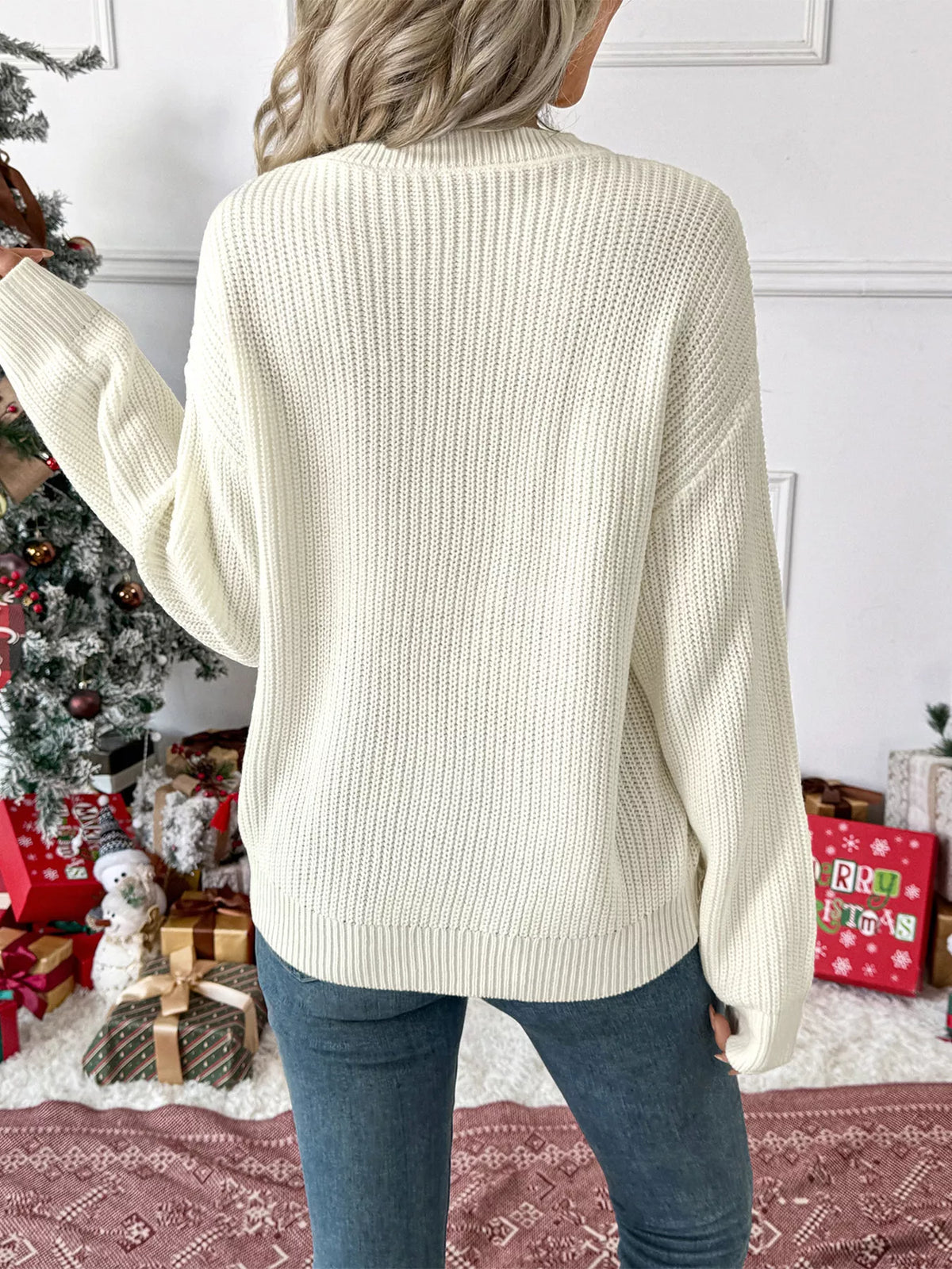 Christmas Bow Ribbed Drop-Shoulder Knit Sweater