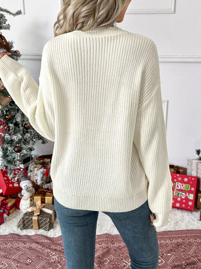 Christmas Bow Ribbed Drop-Shoulder Knit Sweater