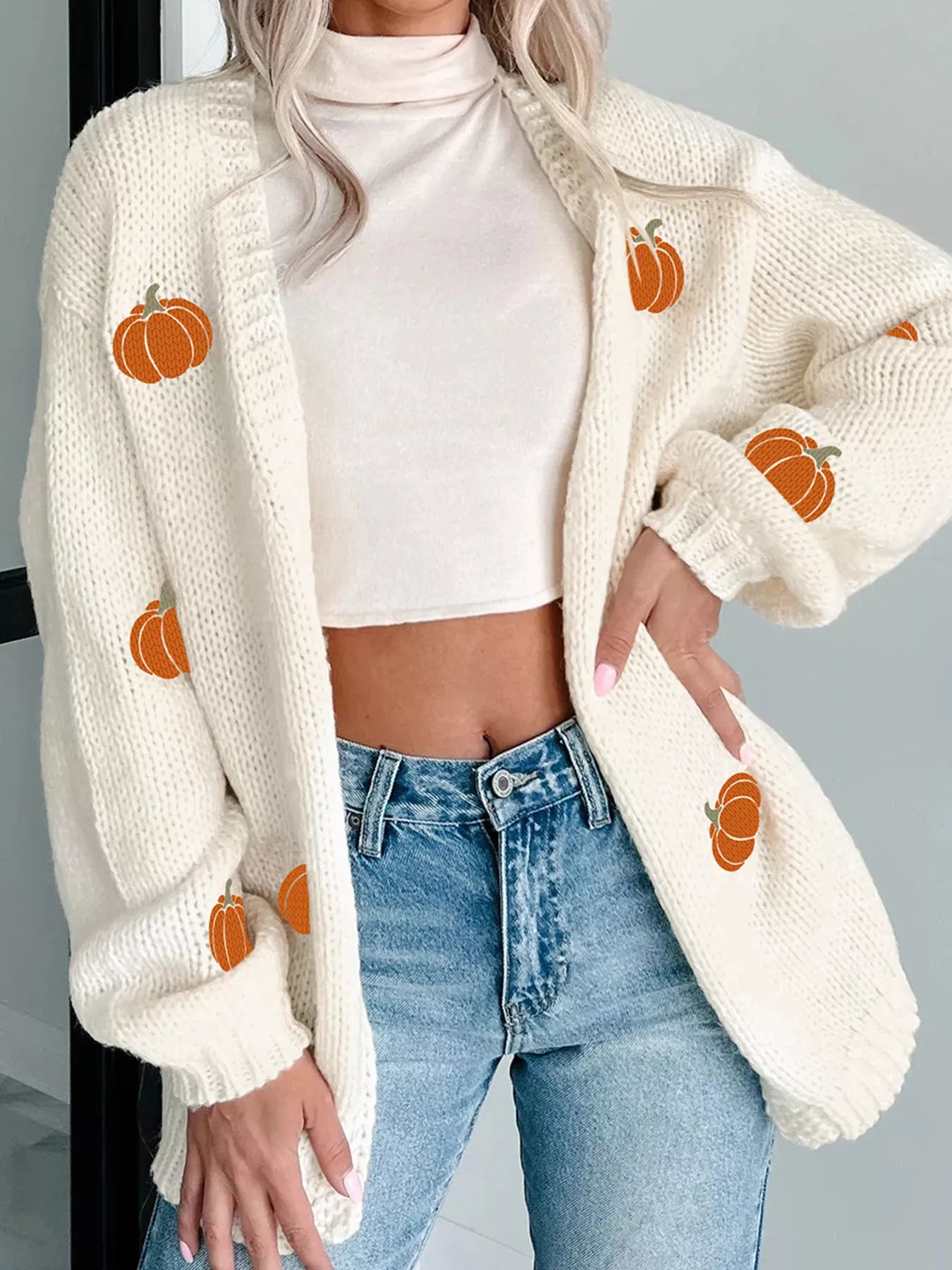 Halloween Pumpkin Embroidered Knit Cardigan White