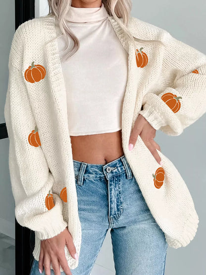 Halloween Pumpkin Embroidered Knit Cardigan White