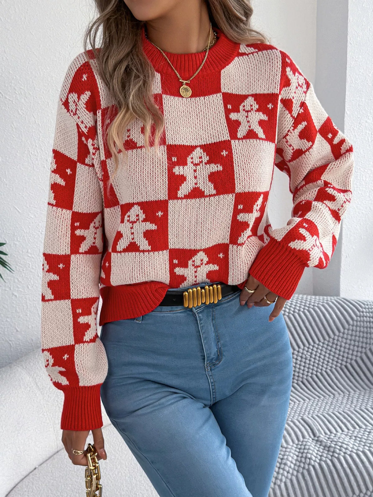 Christmas Checkerboard Gingerbread Print Round Neck Sweater