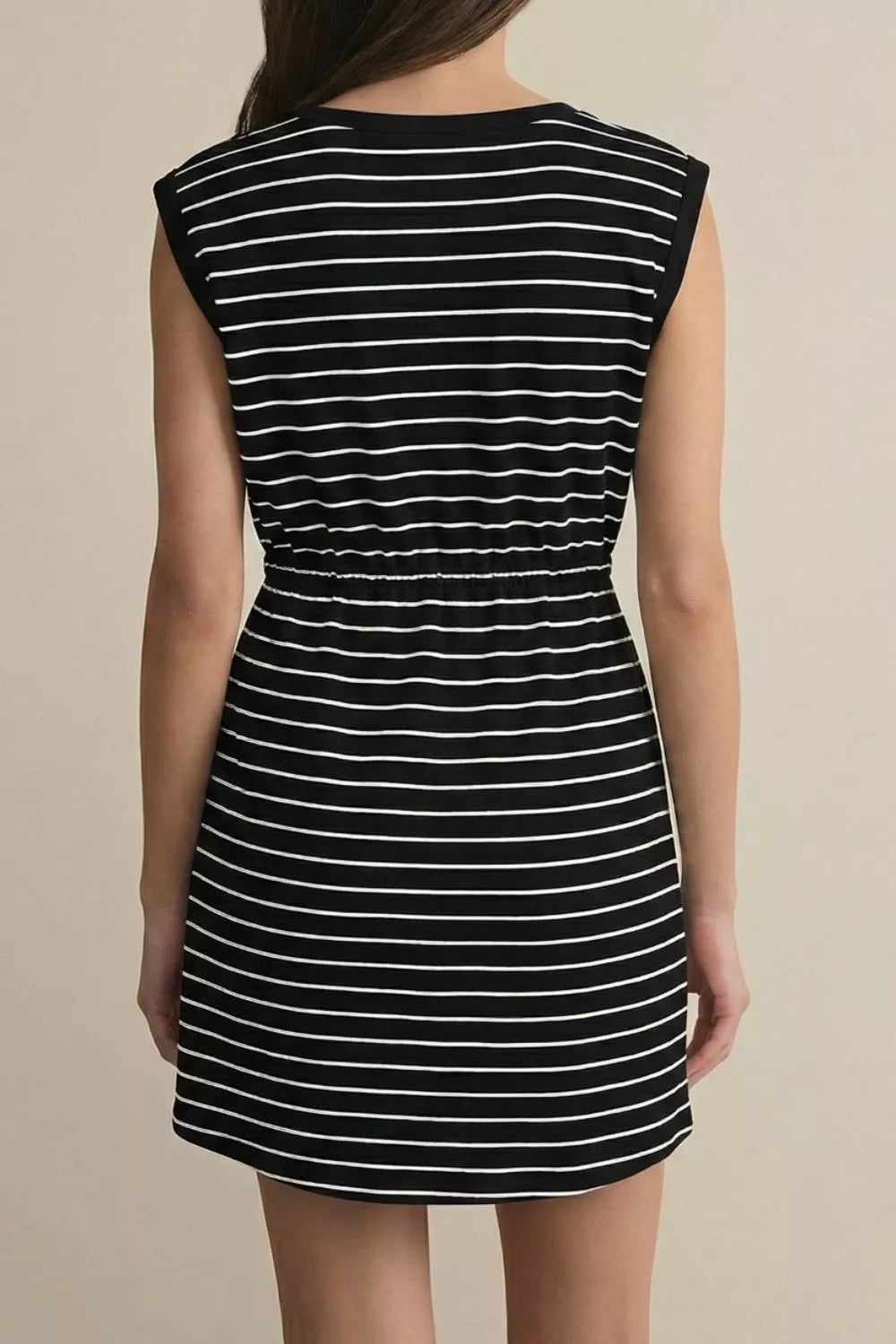 Women's Striped Drawstring Tunic Mini Dress, Pockets - Mini Dresses