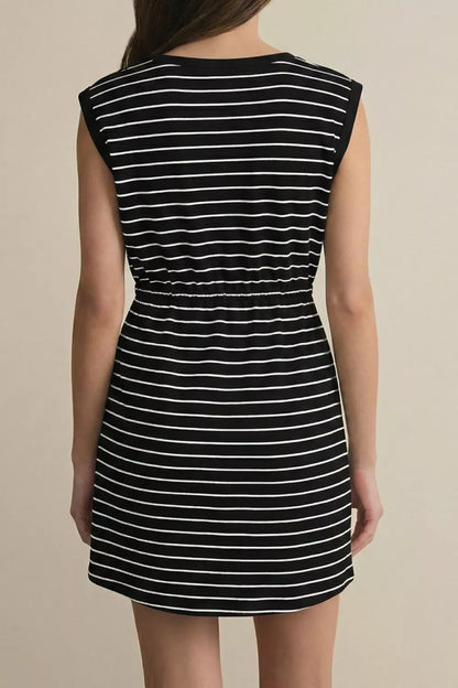 Women's Striped Drawstring Tunic Mini Dress, Pockets - Mini Dresses