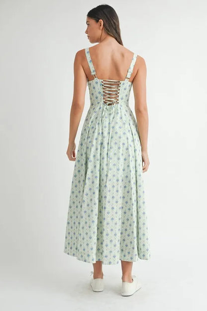 Floral Print Bustier Back Lace Up Midi Dress in Mint – outfit idea for women | Ro + Ivy