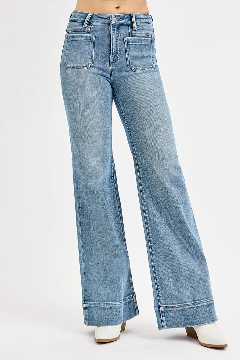 Full Size High Rise Wide Flare Patch Pocket Jeans Plus Size – MEDIUM outfit idea for women | Ro + Ivy