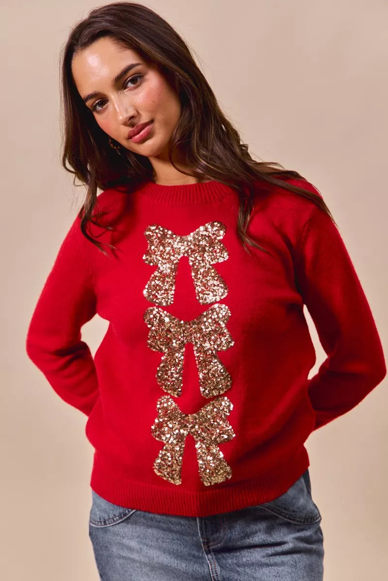 RED GOLD Red Sequined Bow Christmas Sweater | Trendy Sweaters Outfit Idea for Women by Ro + Ivy | Elevated Basics, Modern Comfort & Style