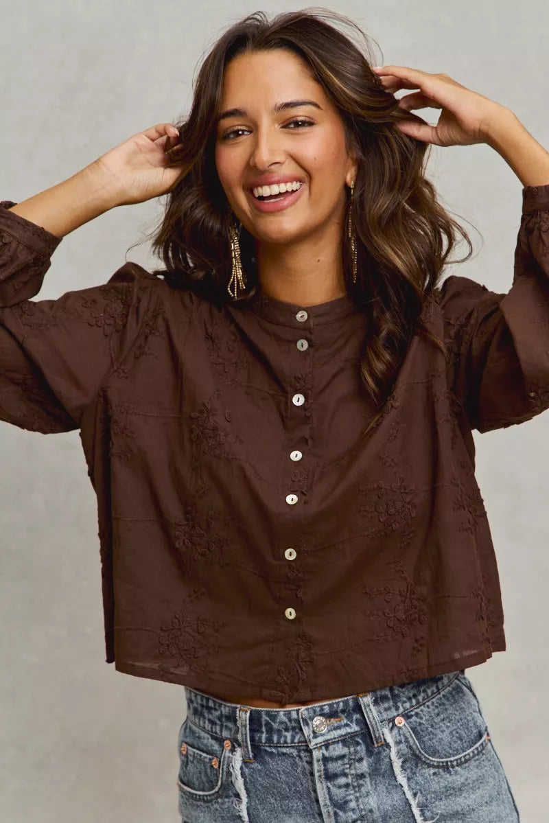 3D Floral Woven Long Sleeve Front Button Shirt | Trendy Shirts Outfit Idea for Women by Ro + Ivy | Elevated Basics, Modern Comfort & Style