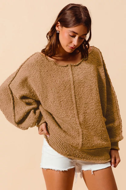 Boucle Loose Fit Sweater with Exposed Seam in Taupe | Trendy Sweaters Outfit Idea for Women by Ro + Ivy | Elevated Basics, Modern Comfort & Style