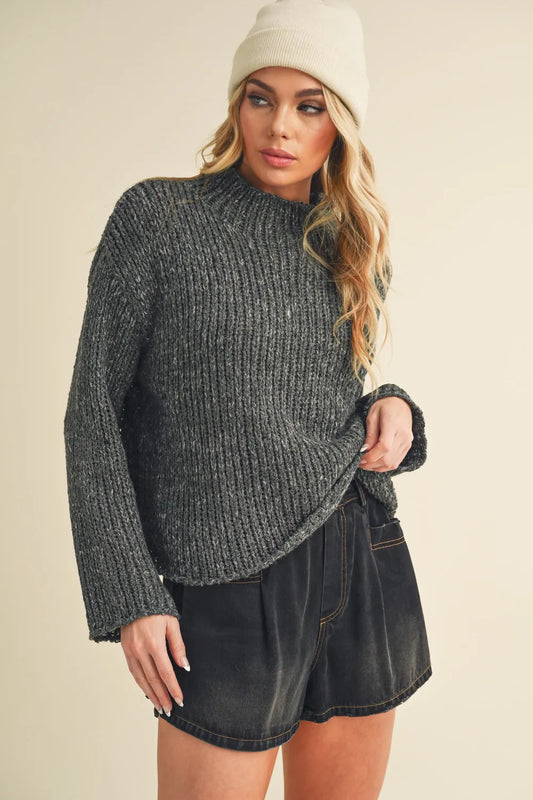 Mock Neck Long Sleeve Sweater - Dark Gray Sweaters