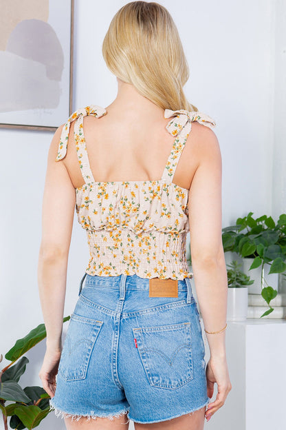 Floral Swiss Dot Smocked Sweetheart Neck Crop Top — Effortless Summer Feminine Style