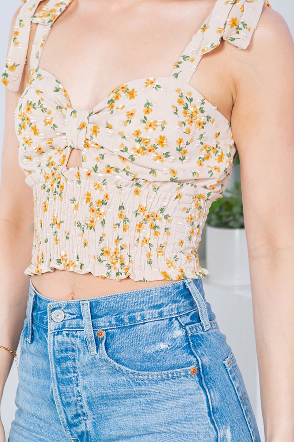 Floral Swiss Dot Smocked Sweetheart Neck Crop Top — Effortless Summer Feminine Style