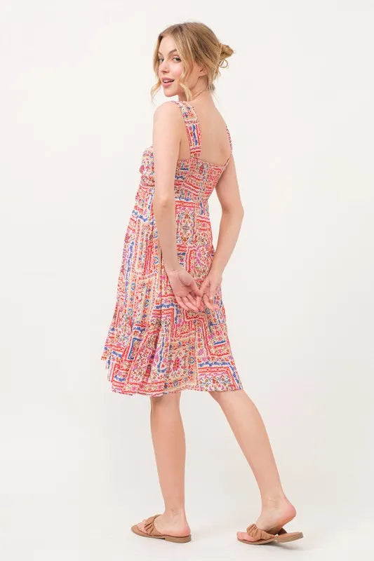 Tied Front Smocked Back Tiered Boho Mini Dress – outfit idea for women | Ro + Ivy