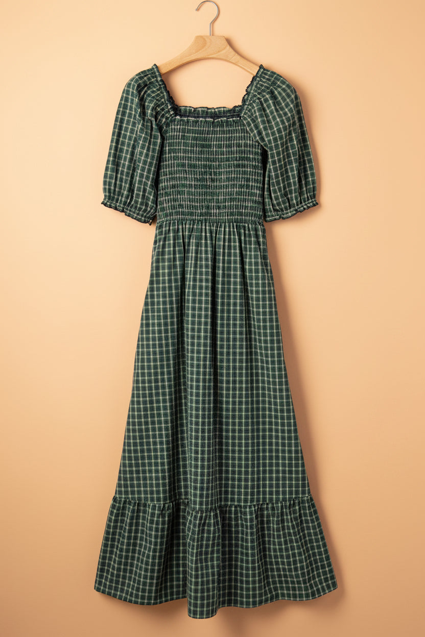 Green Plaid Shirred Bodice Ruffle Hem Maxi Dress