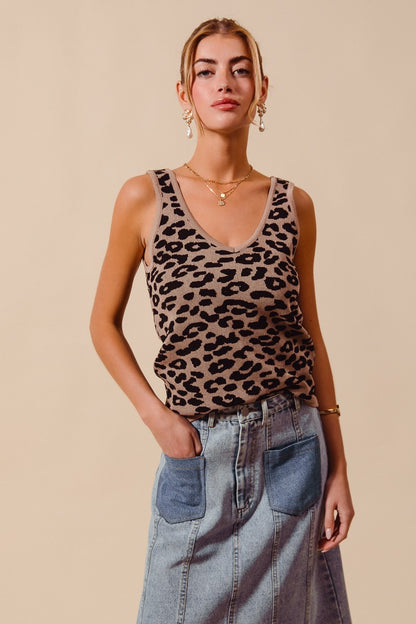 Leopard Knitted Lightweight V Neck Tank Top - Tank Tops
