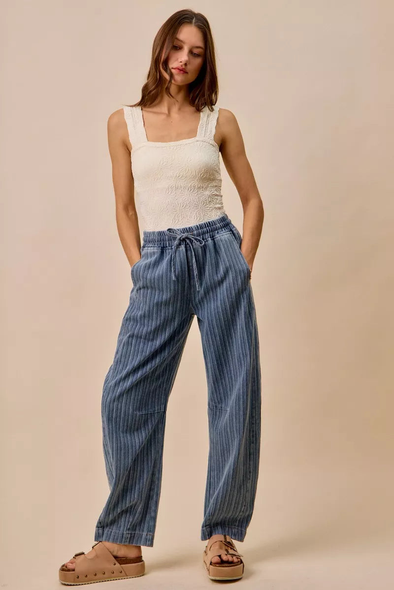 Stripe Denim Barrel Jeans Drawstring Waistband | Trendy Jeans Outfit Idea for Women by Ro + Ivy | Elevated Basics, Modern Comfort & Style