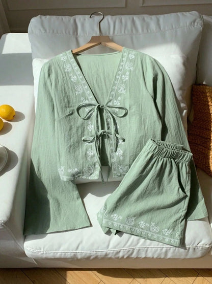 Women's Embroidered Tie Front Top and Shorts Set - Light Green Matching Sets