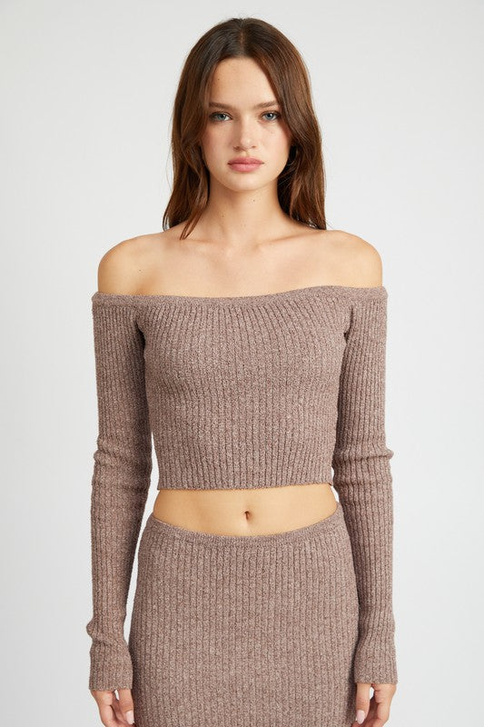 Off-Shoulder Ribbed Knit Long Sleeve Top - Ro + Ivy