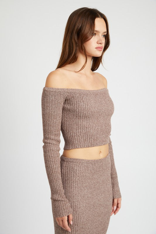 Off-Shoulder Ribbed Knit Long Sleeve Top - Ro + Ivy