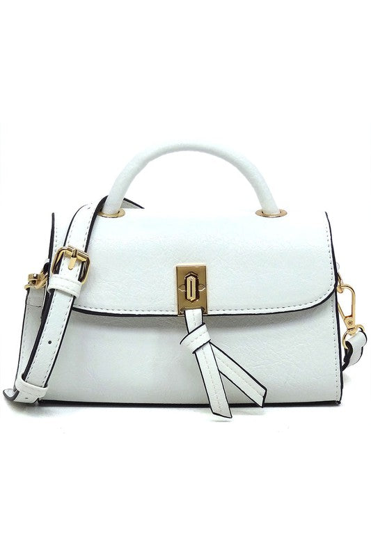 White one Faux Vegan Leather Twist Lock Flap Satchel Crossbody Bag | Trendy Crossbody Bags Outfit Idea for Women by Ro + Ivy | Elevated Basics, Modern Comfort & Style
