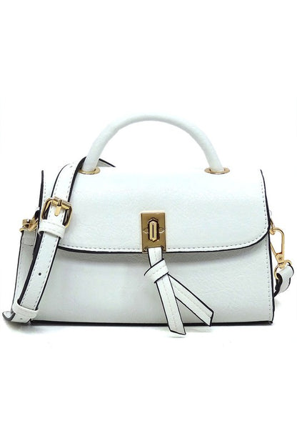 White one Faux Vegan Leather Twist Lock Flap Satchel Crossbody Bag | Trendy Crossbody Bags Outfit Idea for Women by Ro + Ivy | Elevated Basics, Modern Comfort & Style
