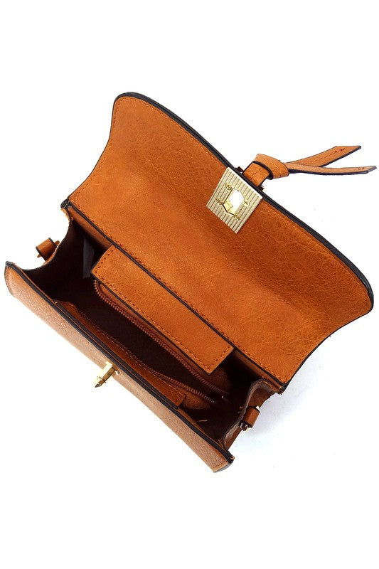 Faux Vegan Leather Twist Lock Flap Satchel Crossbody Bag | Trendy Crossbody Bags Outfit Idea for Women by Ro + Ivy | Elevated Basics, Modern Comfort & Style