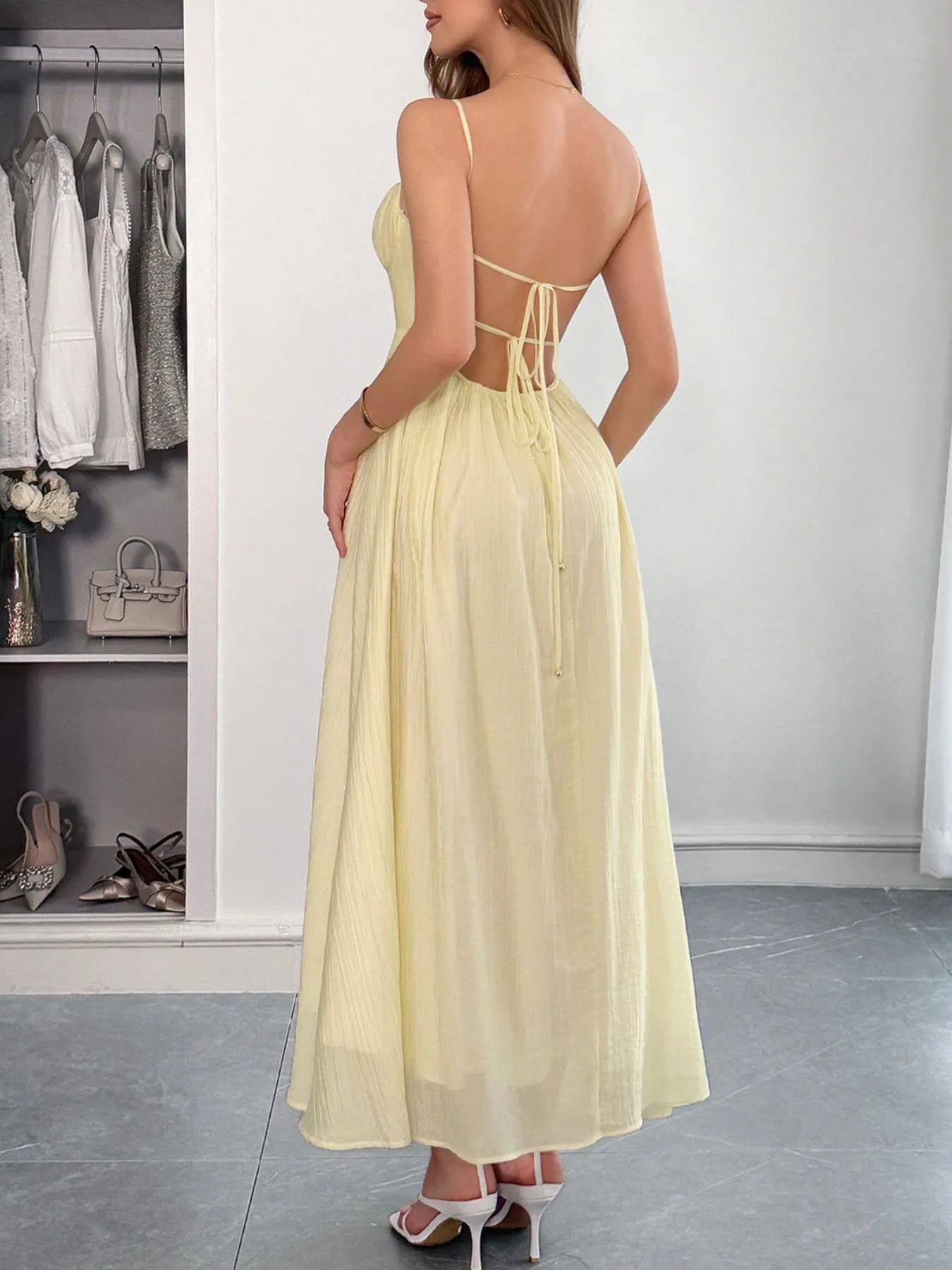 Texture Sweetheart Neck Backless Spaghetti Strap Maxi Dress - Maxi Dresses