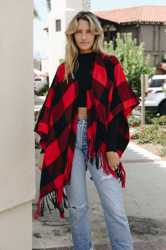 Red Black Default Checkered Tassel Poncho | Trendy Tops Outfit Idea for Women by Ro + Ivy | Elevated Basics, Modern Comfort & Style