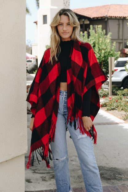 Red Black Default Checkered Tassel Poncho | Trendy Tops Outfit Idea for Women by Ro + Ivy | Elevated Basics, Modern Comfort & Style