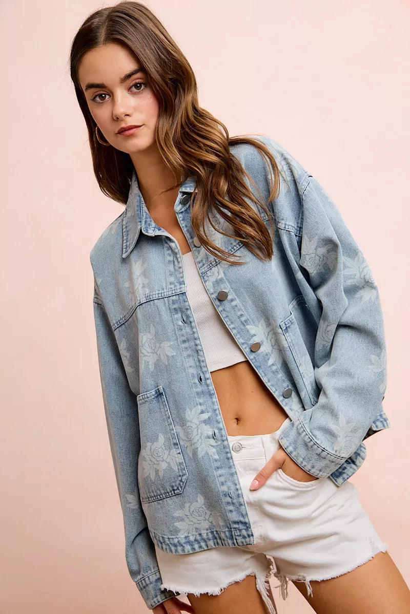 Women's Printed Washed Denim Jacket with Pocket - Jackets