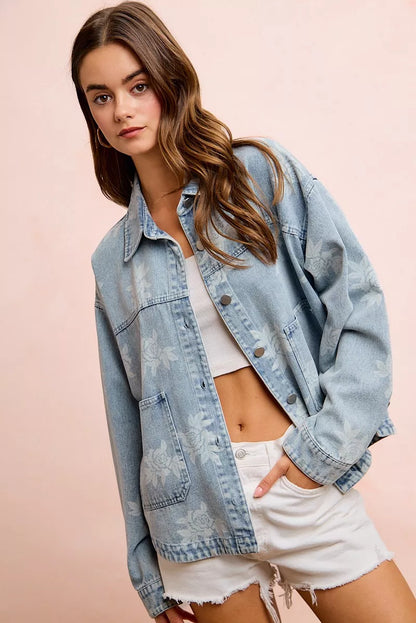 Women's Printed Washed Denim Jacket with Pocket - Jackets