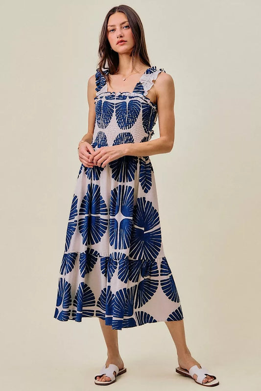 Women's Abstract Print Smocked Tiered Midi Dress NAVY