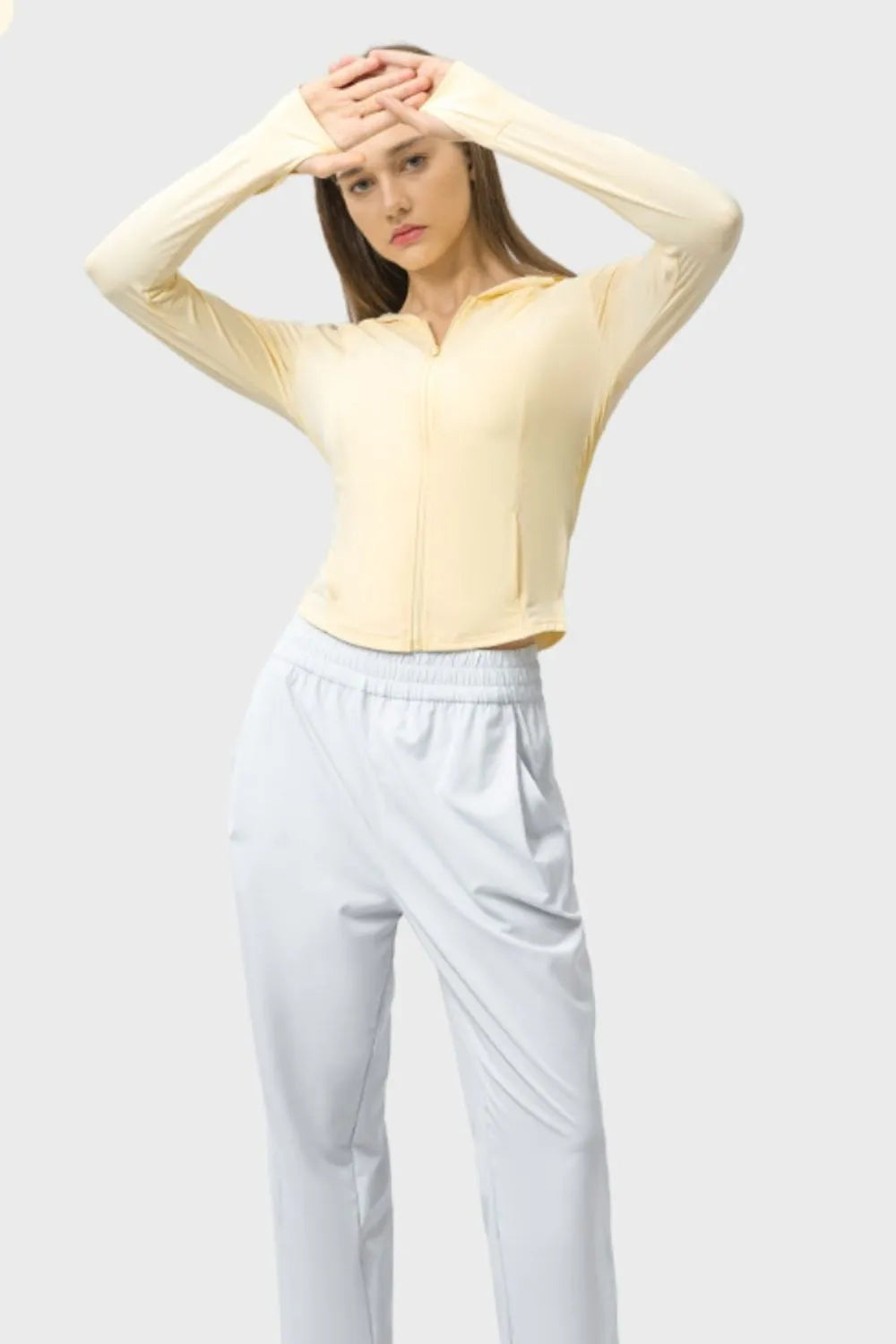 Hooded Zip Up Long Sleeve Activewear Jacket Light Yellow
