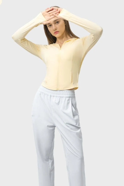 Hooded Zip Up Long Sleeve Activewear Jacket Light Yellow