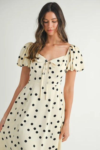 Ka Dot Puff Sleeve Midi Dress – outfit idea for women | Ro + Ivy