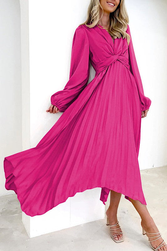 Pleated Long Sleeve Maxi Dress — Elegant Effortless Flowing Silhouette Everyday Style - Hot Pink Maxi Dresses