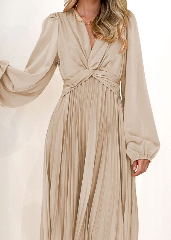 Pleated Long Sleeve Maxi Dress — Elegant Effortless Flowing Silhouette Everyday Style - Sand Maxi Dresses