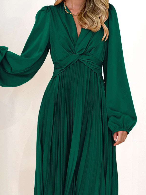 Pleated Long Sleeve Maxi Dress — Elegant Effortless Flowing Silhouette Everyday Style - Green Maxi Dresses