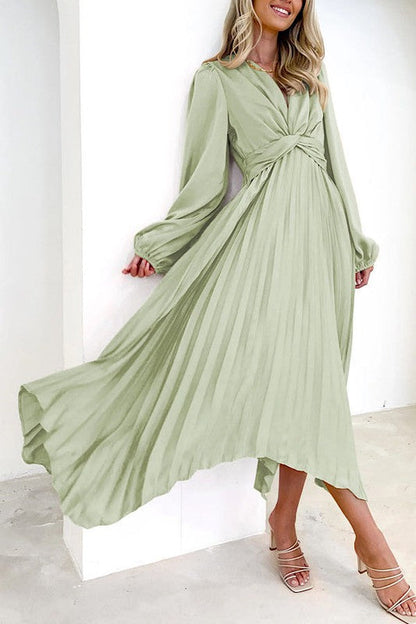 Pleated Long Sleeve Maxi Dress — Elegant Effortless Flowing Silhouette Everyday Style - sage Maxi Dresses