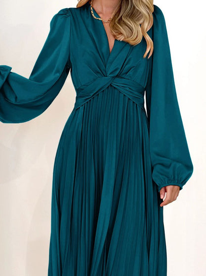 Pleated Long Sleeve Maxi Dress — Elegant Effortless Flowing Silhouette Everyday Style - Blue Maxi Dresses