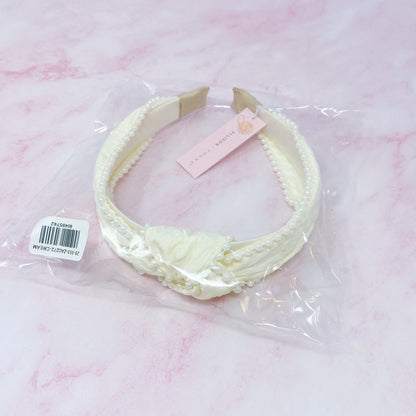 Knotted Pearl Embellished Headband — Embossed Fabric Structured Fit - Headbands