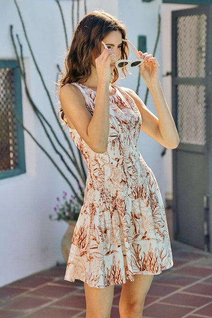 Women's Shell Print Smocked Fit and Flare Mini Dress - Mini Dresses