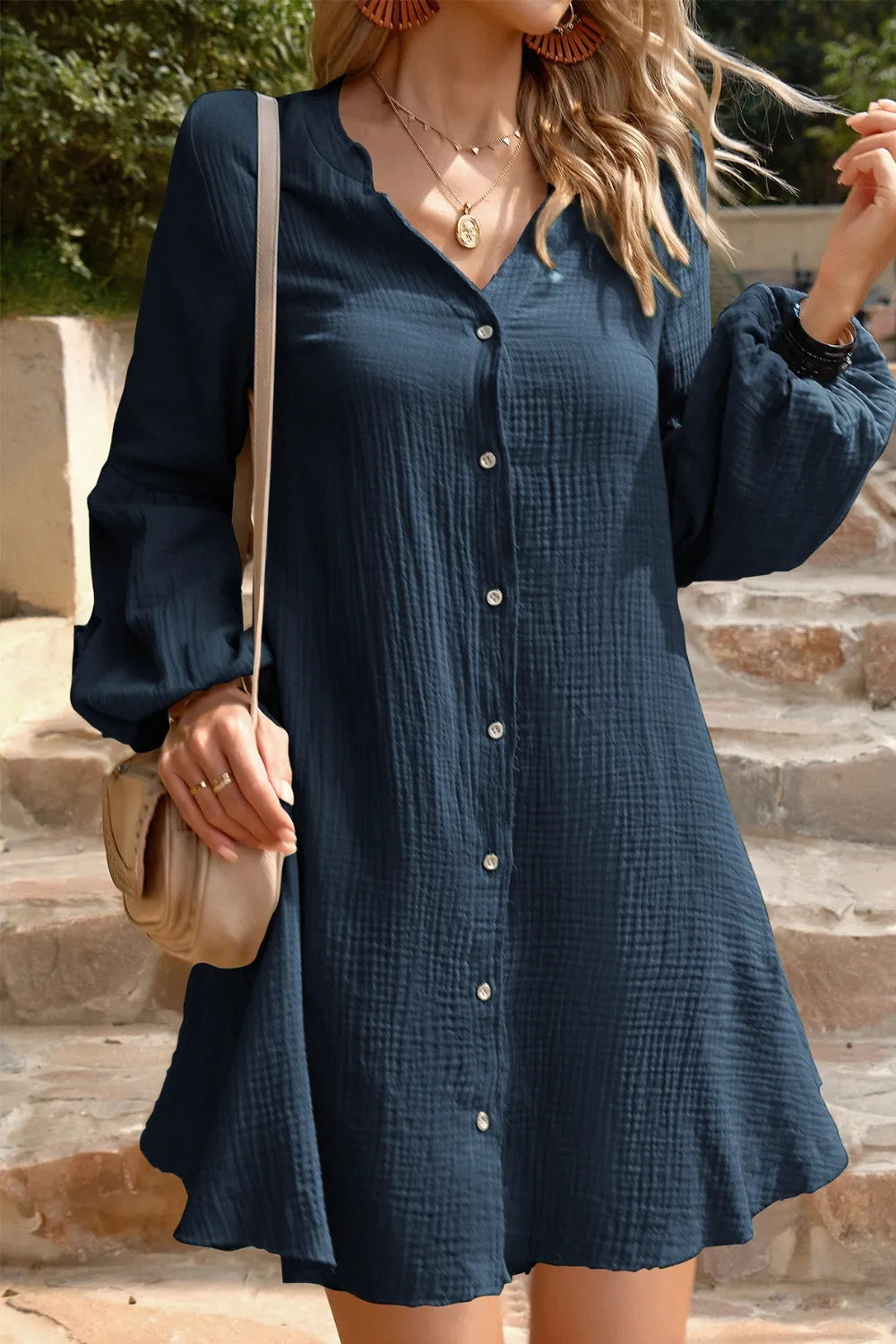 V Neck Button Up Balloon Sleeve Mini Dress - Mini Dresses
