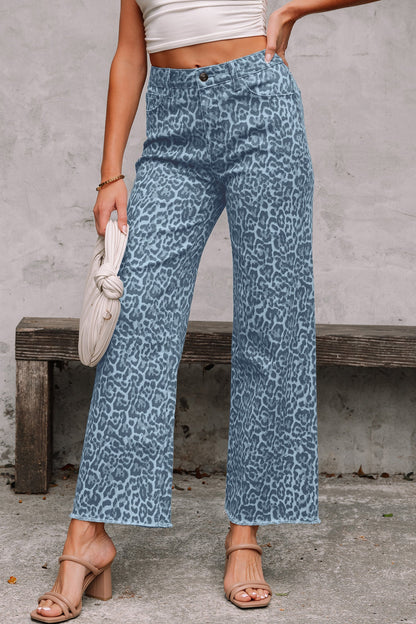 Leopard Print High Waist Wide Leg Jeans — Trendy Bold Everyday Statement Style - Sky Blue Jeans