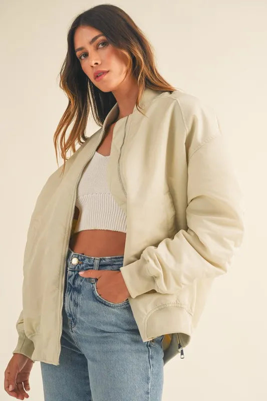 Back Ruched Utility Zip Pocket Bomber Jacket — Contemporary Functional Outerwear Style - Jackets